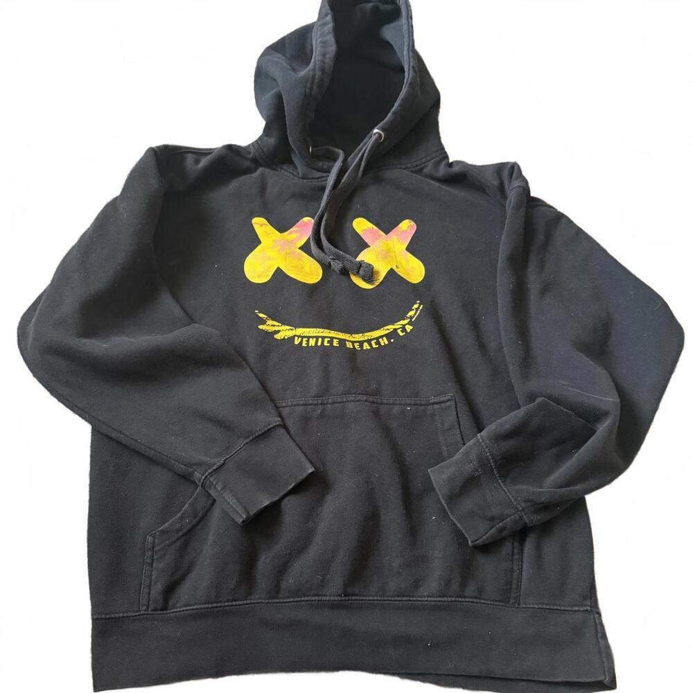 Venice Beach CA Smiley Face Graphic Hoodie Black Pullover Size L